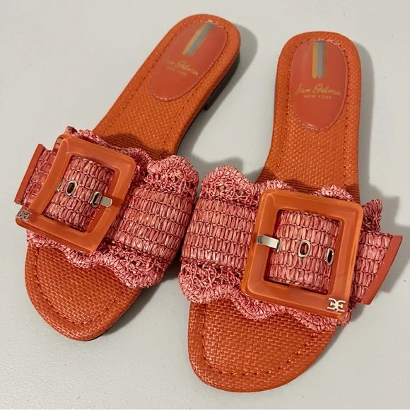 Sam Edelman Bambi Slide Buckle Detail Sandal Orange Raffia Size 7.5 - Picture 3 of 8